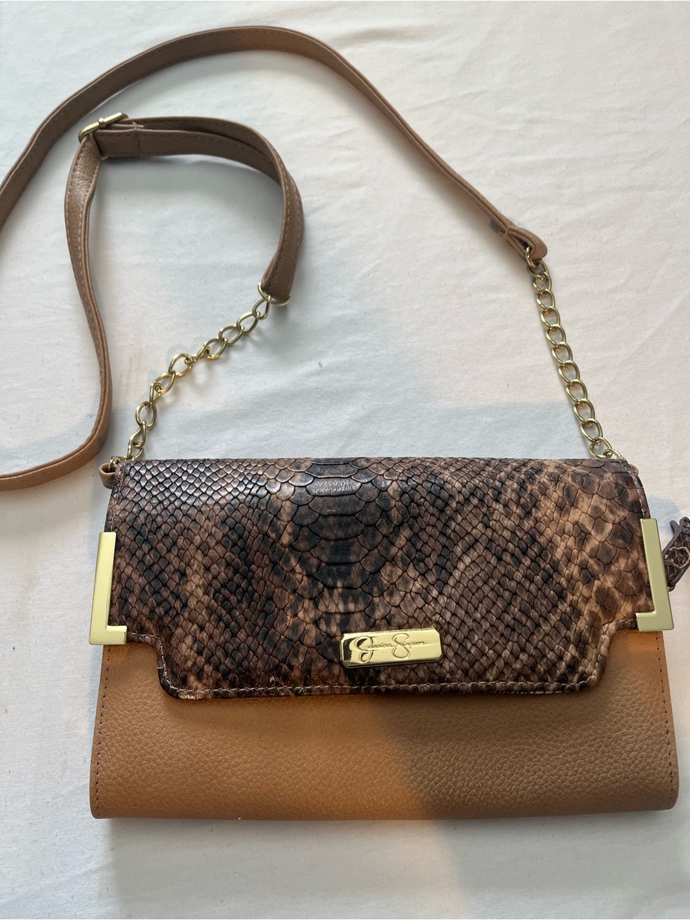 Jessica Simpson Tan & Brown Python-Print Flap Crossbody